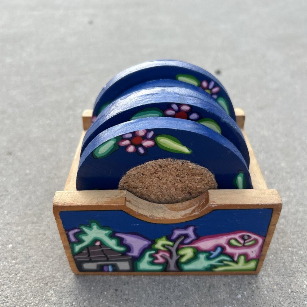 Hand-Painted Blue Floral Wooden Coaster Set with Holder